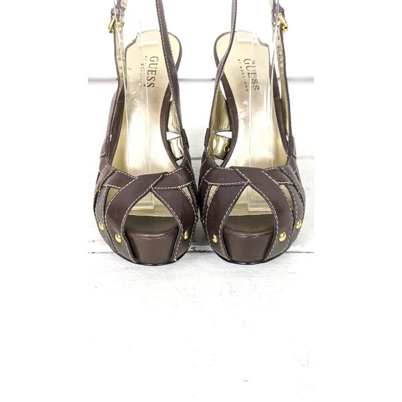 Guess brown leather studded peep toe platform high heel slingback pumps 6.5 M - Picture 4 of 8